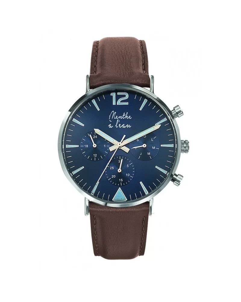 La Précise cuir marron fond bleu